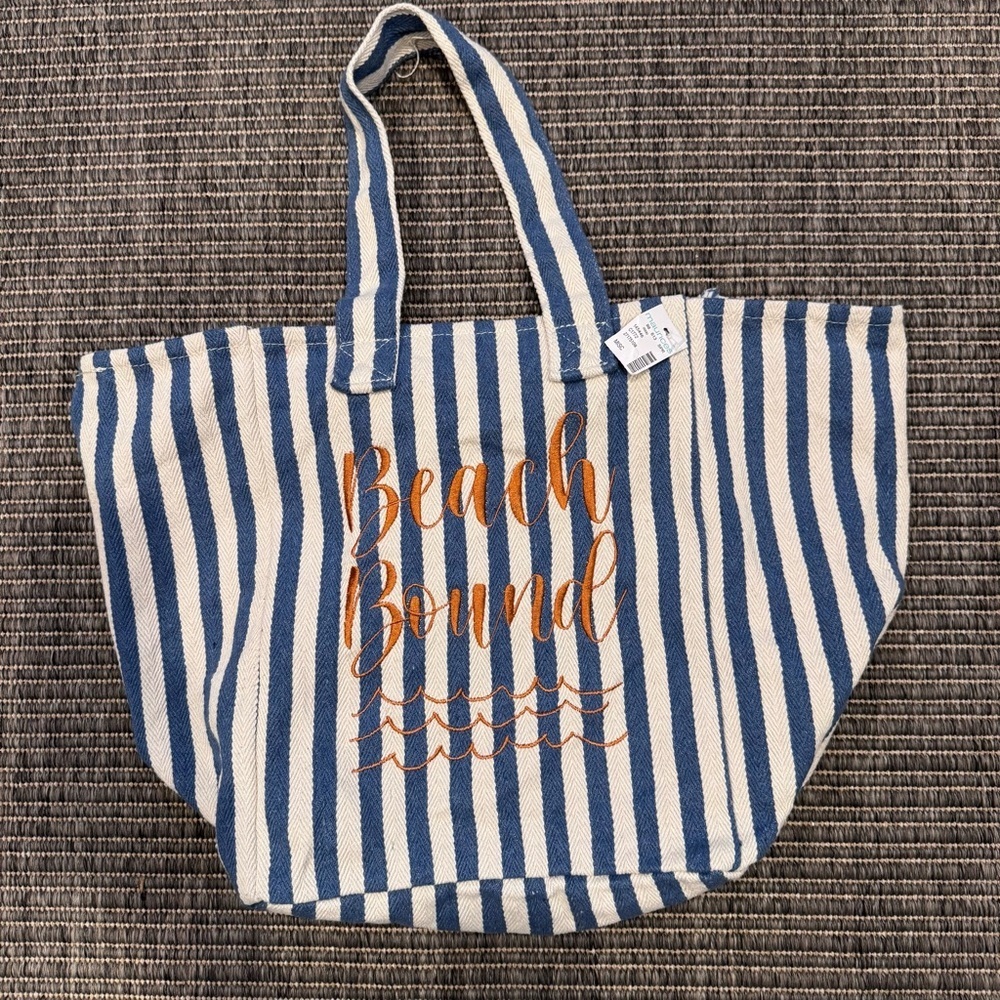 Maurices Blue and White Striped Tote with Orange Script "Beach Bound"